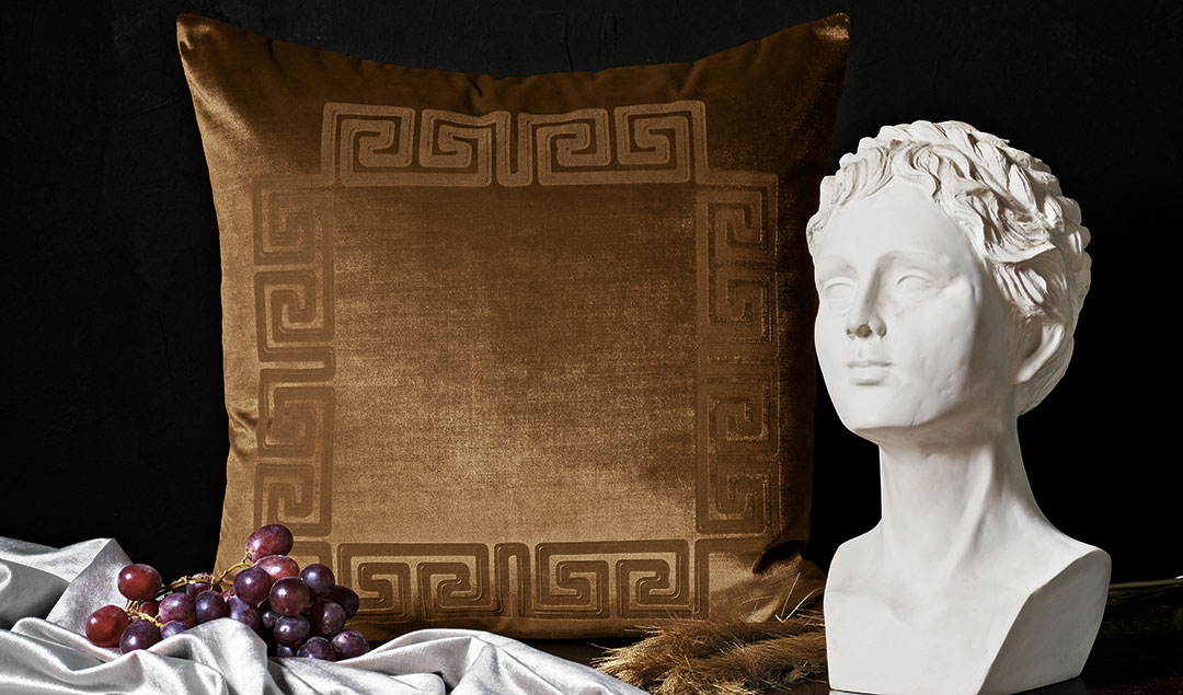 Antiquity - decorative pillow,throw pillow,accent pillow,pillow,velvet,glam,classical,ancient greek,engraved,velvet pillow,gold,metallic,silver,black,white,medusa,column,greek key,creation of adam,