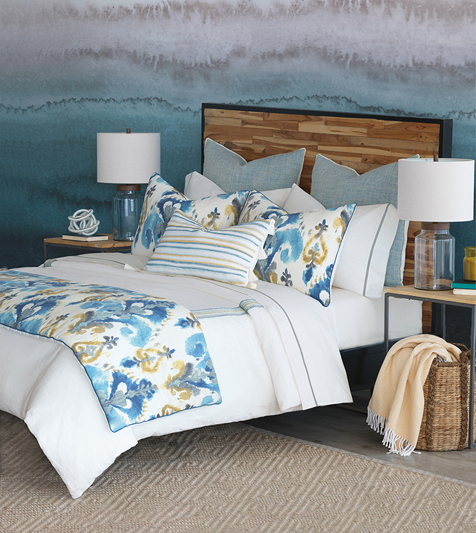 Aoki - bolster, exotic, boho, bohemian, watercolor, painterly, ikat, tyedye, coastal, global, tribal, tropical, ethnic, urban, modern, contemporary, clean, minimal, pattern, accent, blue, yellow, faded, weatehred, tassel, mitered, trim, duvet cover, comforter, blanket, bed set, bedding, bedding collection, luxury, high-end, high-quality, expensive, sham, pillow, decorative pillow, accent pillow, throw pillow, curtains, draperies, button tufted, round, bed scarf, patterned