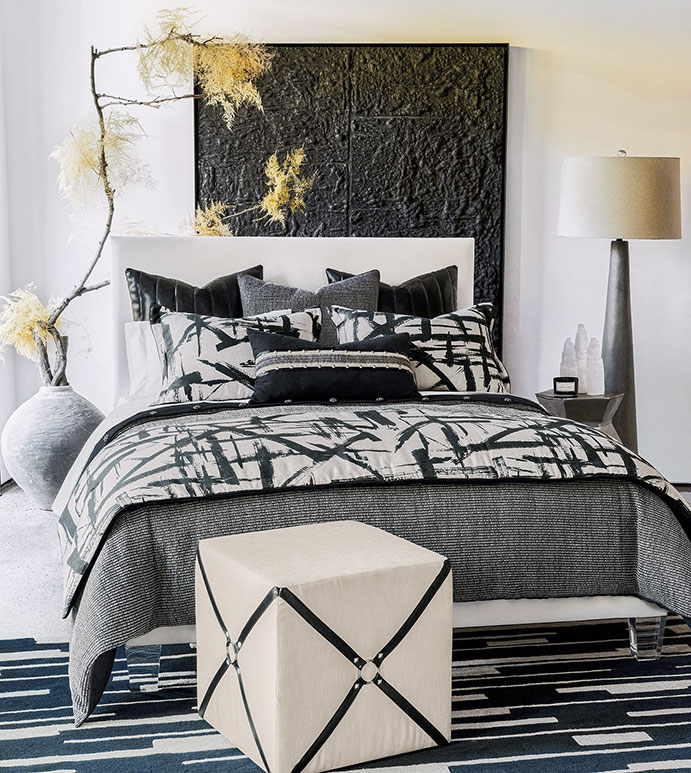 Zelda - ,monochrome bedding,black and white bedding,modern bedding,graphic bedding,graphic duvet,black and white shams,graphic print,avant garde print,studded bedding,studded pillows,faux leather bedding,black bedding,black leather bedding,