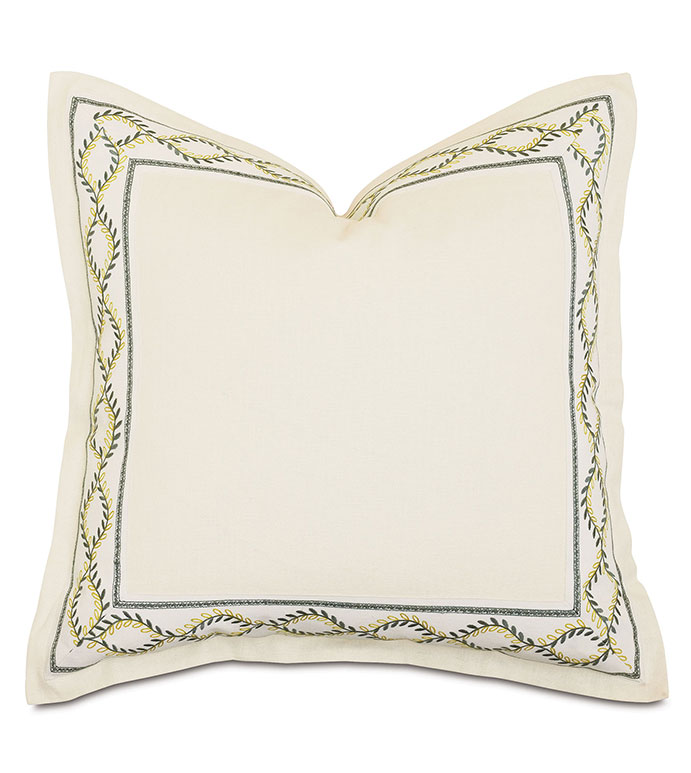 Marguerite Decorative Border Euro Sham - ,euro sham pillow,square pillow,27x27 pillow,white throw pillow,white pillow,decorative border,botanical embroidery,floral embroidery,mitered border,