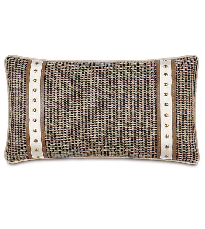 Aiden Oblong Decorative Pillow - FLANNEL PILLOW,PLAID PILLOW,TAN,BROWN,SLATE,COUNTRY,LODGE,MOUNTAIN,RUSTIC PILLOW,NAILHEAD ACCENT,BRASS NAILHEAD,BOLSTER PILLOW,LODGE HOME PILLOW,CLASSIC,SADDLE LEATHER,FAUX LEATHER