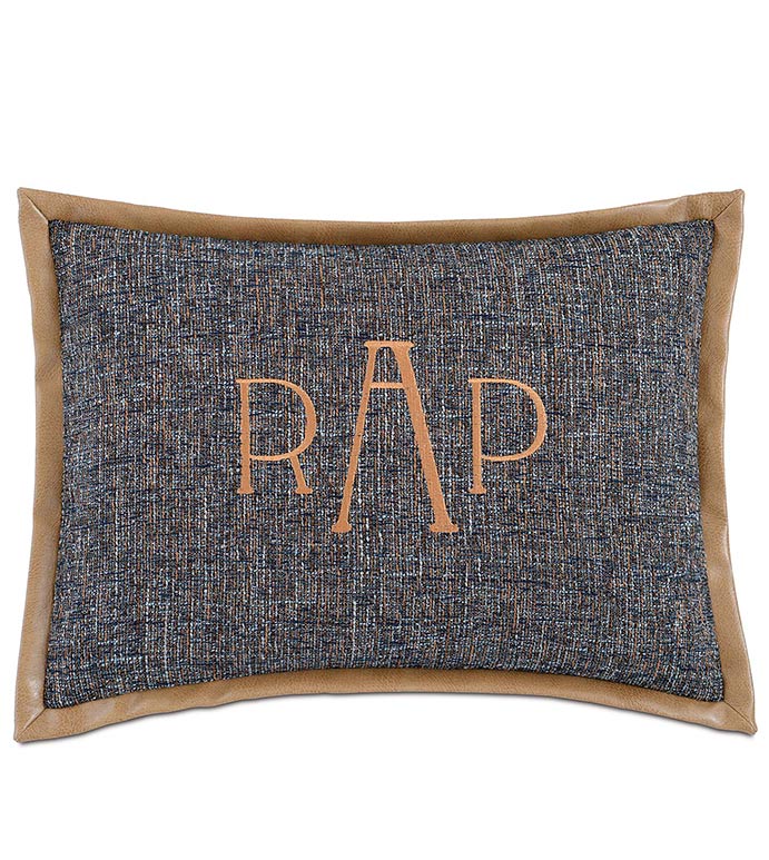 Rosenthal Dusk With Monogram - BLUE MONOGRAMMED PILLOW,BLUE AND GOLD,SADDLE LEATHER,LEATHER ACCENT,CLASSIC,TRADITONAL,LEATHER TRIM,MASCULINE BEDDING,MENS ROOM BEDDING,WOVEN,LARGE MONOGRAMMED PILLOW,VINYL