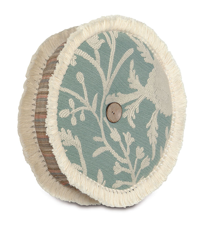 Avila Tambourine - TAMBOURINE PILLOW,ROUND PILLOW,BUTTON TUFTED PILLOW,CENTER TUFTED PILLOW,BOHEMIAN DECORATIVE PILLOW,EARTH TONE,NATURAL,BLUE AND BROWN,FRINGE TRIM PILLOW,BOHO CHIC ACCENT PILLOW