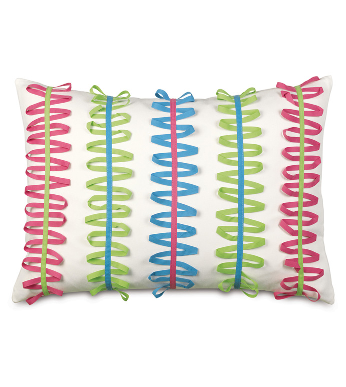 Gigi Ribbon Decorative Pillow - DECORATIVE PILLOW,BOLSTER,RECTANGLE,RECTANGULAR,RIBBON,PILLOW,PASTEL,BED,BEDDING,16X22,COLORFUL,MULTICOLORED,PRIMARY,PASTEL,100% COTTON,COTTON,HOME DECOR,LUXURY,MADE IN USA,