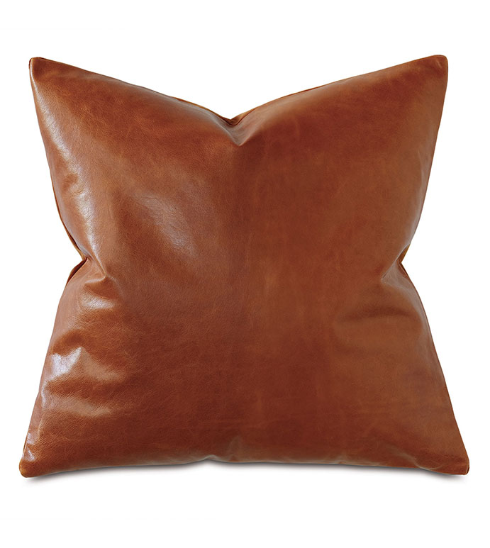 Tudor Leather Decorative Pillow in Cognac - LEATHER,100% LEATHER,LEATHER PILLOW,THROW PILLOW,DECORATIVE PILLOW,ACCENT PILLOW,BROWN,BROWN PILLOW,VELVET,BROWN VELVET PILLOW,BROWN LEATHER PILLOW,20X20,SQUARE,LEATHER AND VELVET,