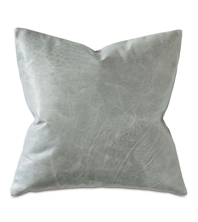 Tudor Leather Decorative Pillow in Dove - LEATHER,VELVET,LEATHER PILLOW,VELVET PILLOW,GRAY PILLOW,MOUNTAIN,SQUARE,20X20,GRAY LEATHER PILLOW,GRAY VELVET,CONTEMPORARY,ACCENT PILLOW,CONTEMPORARY PILLOW,MADE IN USA,