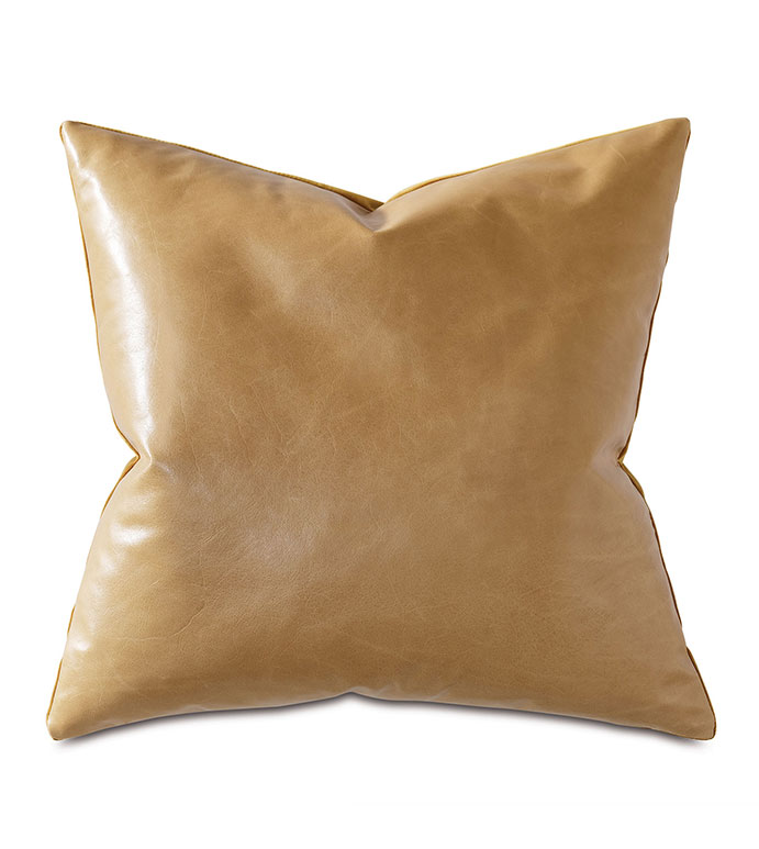 Tudor Leather Decorative Pillow In Gold - GOLD,LEATHER,VELVET,GOLD LEATHER,GOLD PILLOW,GOLD VELVET,METALLIC,METALLIC PILLOW,GOLD LEATHER PILLOW,MADE IN USA,OPULENT,TRADITIONAL,TRADITIONAL PILLOW,ACCENT PILLOW,GOLD ACCENT,