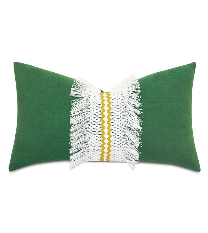 Meyer Boho Fringe Decorative Pillow - ,15x26 pillow,green pillow,linen pillow,green 100% linen,green bolster,linen bolster,celerie kemble,fringe pillow,boho pillow,boho decor,tropical pillow,tropical decor,
