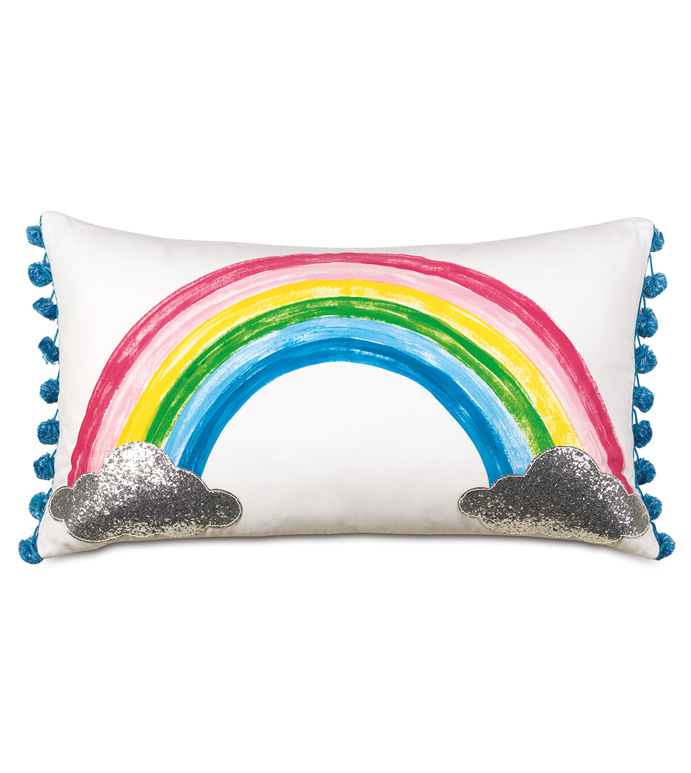 Gigi Rainbow Decorative Pillow - DECORATIVE PILLOW,PILLOW,RAINBOW,ACCENT PILLOW,CLOUDS,HAND PAINTED,LASER CUT,BALL TRIM,THROW PILLOW,MADE IN USA,RECTANGULAR,13X22,