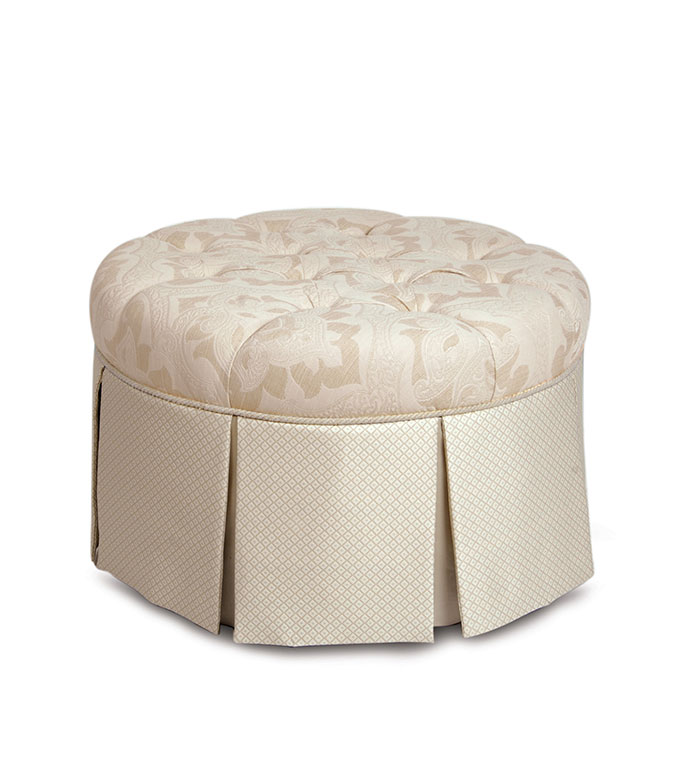 Brookfield Round Ottoman - IVORY TUFTED OTTOMAN,CREAM TUFTED OTTOMAN,DEEP TUFTED OTTOMAN,BUTTON TUFTED,VICTORIAN TUFTED OTTOMAN,TRADITIONAL TUFTED OTTOMAN,IVORY BROCADE,PLEATED SKIRT,NEATURAL TRADITIONAL