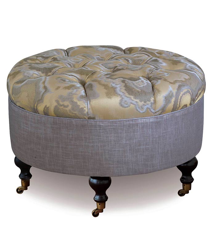 Amal Round Ottoman - SILVER,TAUPE,GREY,WELT,PATTERN,DESIGN,GLAM,MODERN,ACCENT,METALLIC,BEDROOM,BED,LUXURY BEDDING,INTERIOR DESIGN,OTTOMAN,FURNITURE,GRAY,TUFTED,BUTTON,DEEP TUFTED,ROUND,CASTERS,WOOD LEG