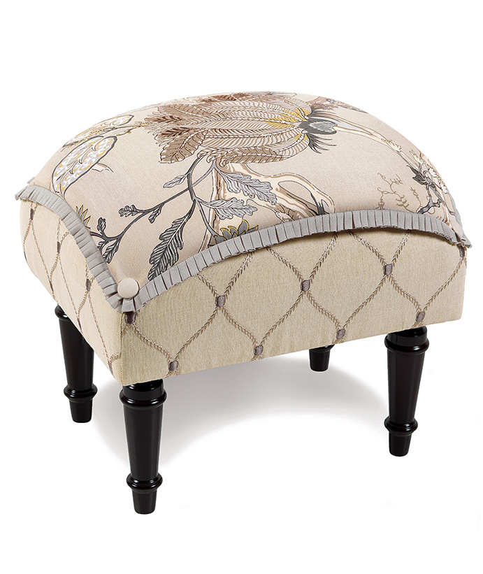 Edith Pillow Top Stool - FLORAL FOOTSTOOL,ENGLISH GARDEN FOOTSTOOL, UPHOLSTERED FOOTSTOOL,FLORAL TUFFET,TRADITIONAL TUFFET,ENGLISH GARDEN TUFFET,NEUTRAL FLORAL OTTOMAN,SMALL BEDROOM OTTOMAN,BOTANICAL