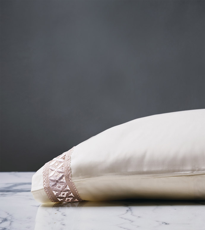 Juliet Lace Pillowcase in Ivory/Fawn - ,SATEEN PILLOWCASE,IVORY PILLOWCASE,CREAM PILLOWCASE,COTTON SATEEN PILLOW,LACE PILLOW,LUXURY SATEEN PILLOW,SATEEN SHEETS,LACE SHEETS,SATEEN FINE LINENS,LUXURY PILLOWCASE,