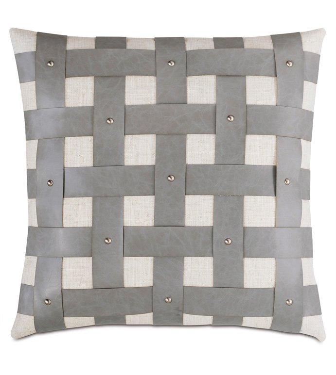 Safford Basketweave Decorative Pillow - BASKETWEAVE,FAUX LEATHER,LEATHER,NAILHEADS,DECORATIVE PILLOW,THROW PILLOW,ACCENT PILLOW,NEUTRAL,GRAY,TEXTURED,TRADITIONAL,LUXURY,BEDDING