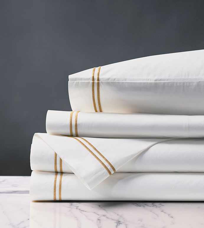 Enzo Satin Stitch Sheet Set in Gold - ,PERCALE SHEETS,COTTON PERCALE SHEETS,WHITE COTTON PERCALE,WHITE COTTON SHEETS,LUXURY COTTON SHEETS,SATIN STITCH SHEETS,2 ROW STITCH SHEETS,SATIN STITCH FINE LINENS,