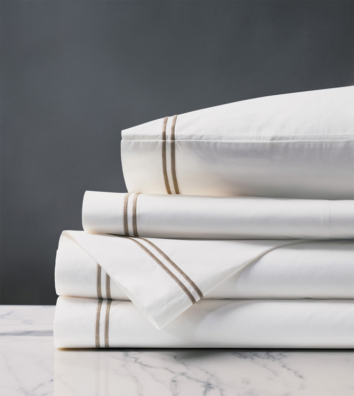 Enzo Satin Stitch Sheet Set in Sable - ,PERCALE SHEETS,COTTON PERCALE SHEETS,WHITE COTTON PERCALE,WHITE COTTON SHEETS,LUXURY COTTON SHEETS,SATIN STITCH SHEETS,2 ROW STITCH SHEETS,SATIN STITCH FINE LINENS,