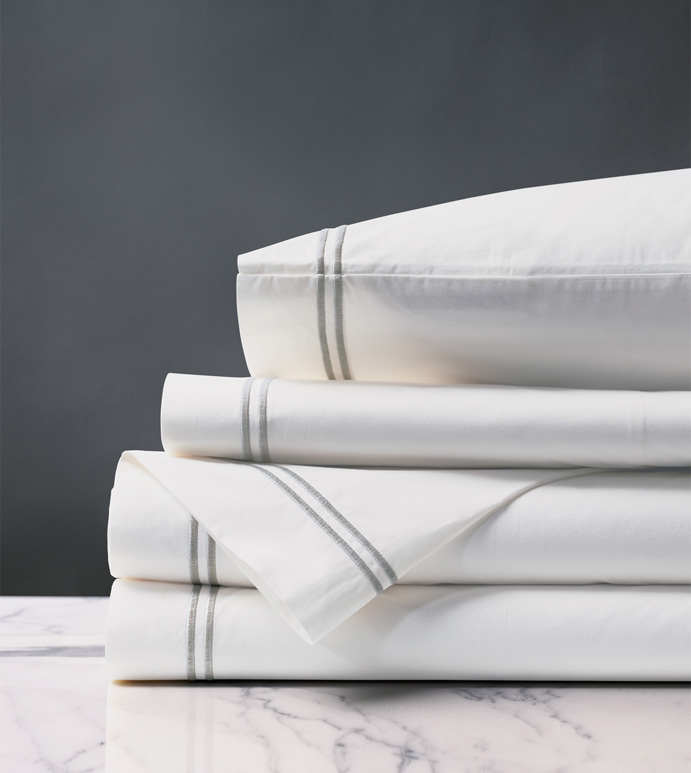 Enzo Satin Stitch Sheet Set in Silver - ,PERCALE SHEETS,COTTON PERCALE SHEETS,WHITE COTTON PERCALE,WHITE COTTON SHEETS,LUXURY COTTON SHEETS,SATIN STITCH SHEETS,2 ROW STITCH SHEETS,SATIN STITCH FINE LINENS,