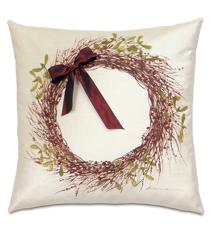 Wreath Handpainted Decorative Pillow in Red