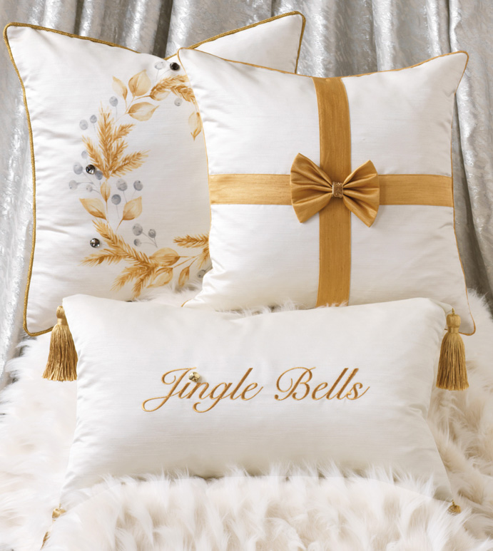 Christmas Embroidered Decorative Pillow in Gold