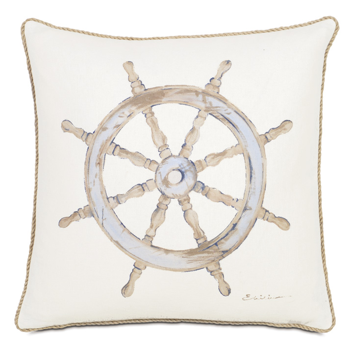 Maritime Hand Painted ShipS Wheel Accent Pillow In Ivory