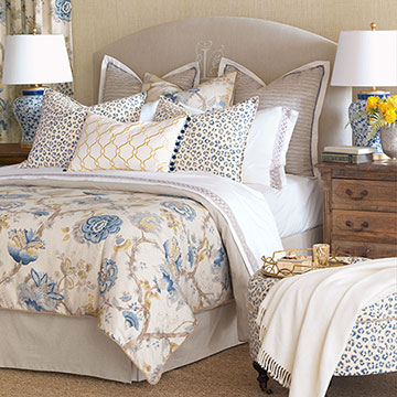 Emory - asian bedding,asian style,traditional asian bedding,floral bedding,leopard print,cheetah print,animal print,blue and gold,blue and white,white and yellow,transitional,blue cheetah
