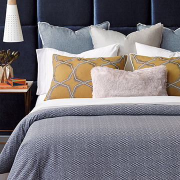 Nico - chic, embroidered, star, washable, hip, trendy, stylish, designer, thom filicia, bedding, home décor, interior design, accessories, contemporary, urban, young, modern, colorful, blue, yellow, pink, mustard, navy, faux fur, duvet cover, duvet, comforter, coverlet, throw, box spring cover, euro sham, king sham, standard sham, bolster, bed pillow, pillow, decorative pillow, sham, throw pillow, accent pillow, geometric, graphic, round pillow, faux fur throw, 100% cotton, linen