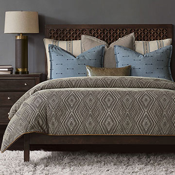 Congaree - ,global bedding,global interiors,taupe bedding,washable luxury bedding,washable fine linens,geometric duvet cover,global duvet cover,leather bolster,brown bedding,masculine bedding,