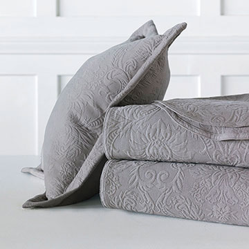 Sandrine Matelasse - bed skirt, dove, dovetail, grand sham, coverlet, throw, euro sham, king hsam, standard sham, boudoir, bed pillow, pillow, decorative pillow, accent pillow, throw pillow, flange, neutral, natural, 100% cototn, cotton, matelasse, quilted, bedding, bedding collection, bedset, home décor, home goods, accessories, interior design, cozy, soft, texture, luxury, luxurious, expensive, high end, high quality, good quality, Portugal, woven, Egyptian, egyptian cotton, damask, floral, traditional, design, pattern, motif, jacquard, grey, gray
