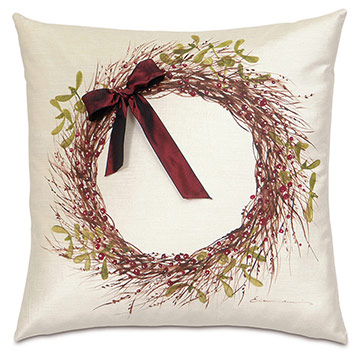 Wreath Handpainted Decorative Pillow in Red