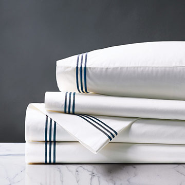 Tessa Satin Stitch Sheet Set in White/Navy