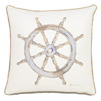 Maritime Hand Painted Ship'S Wheel Accent Pillow In Ivory